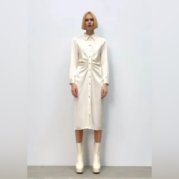 Zara Dresses & Skirts - Zara Satin Effect Shirt Dress Special Edition Ecru Off White 7969/259 Size XS